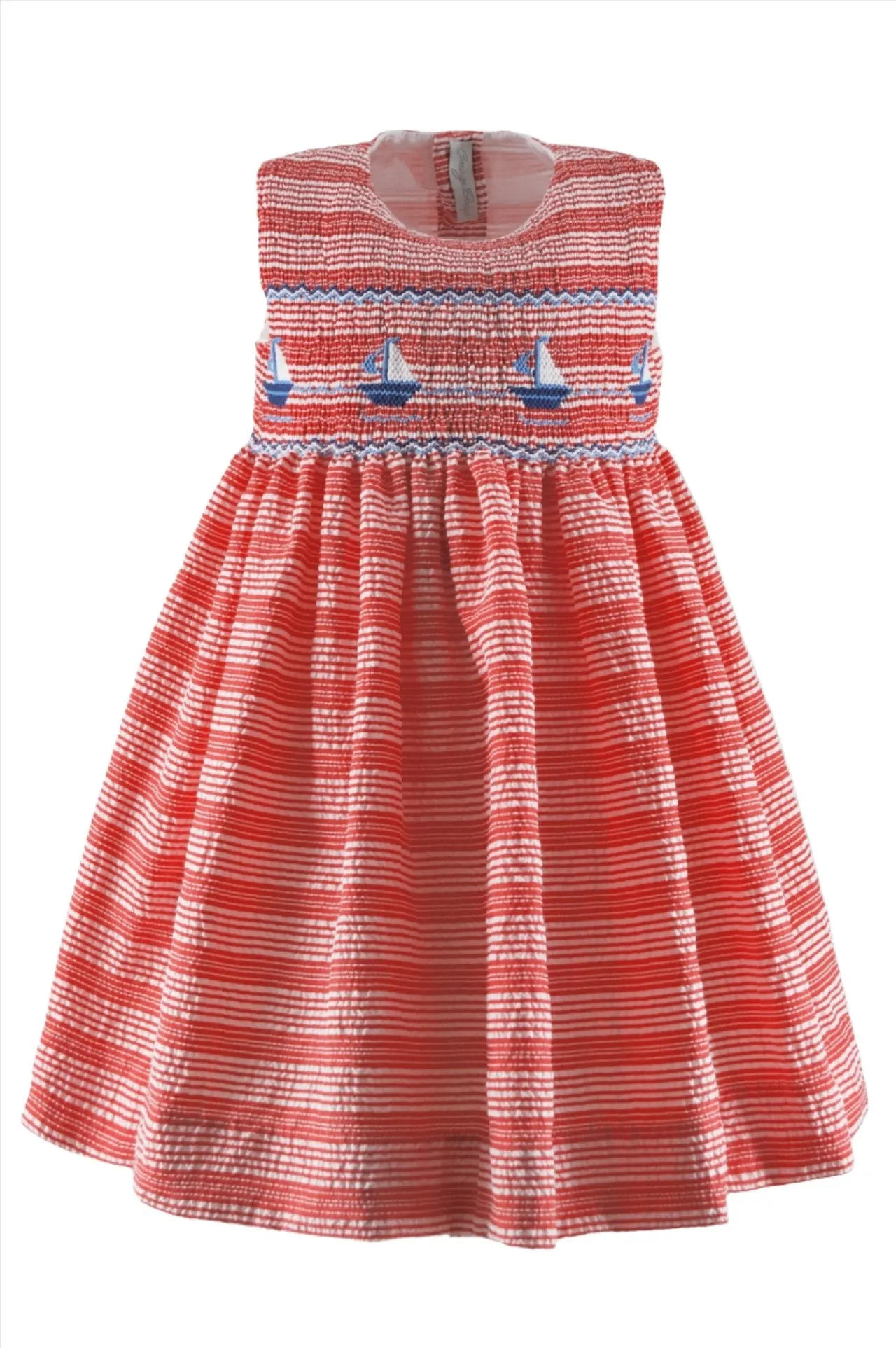 20114T-Smocked Sailboats Seersucker Toddler & Youth Girl Sleeveless Dress
