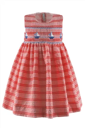 20114T-Smocked Sailboats Seersucker Toddler & Youth Girl Sleeveless Dress