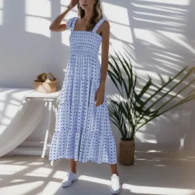 2024 Dot Square Neck Pleated Long Holiday Beach Casual Boho Dress