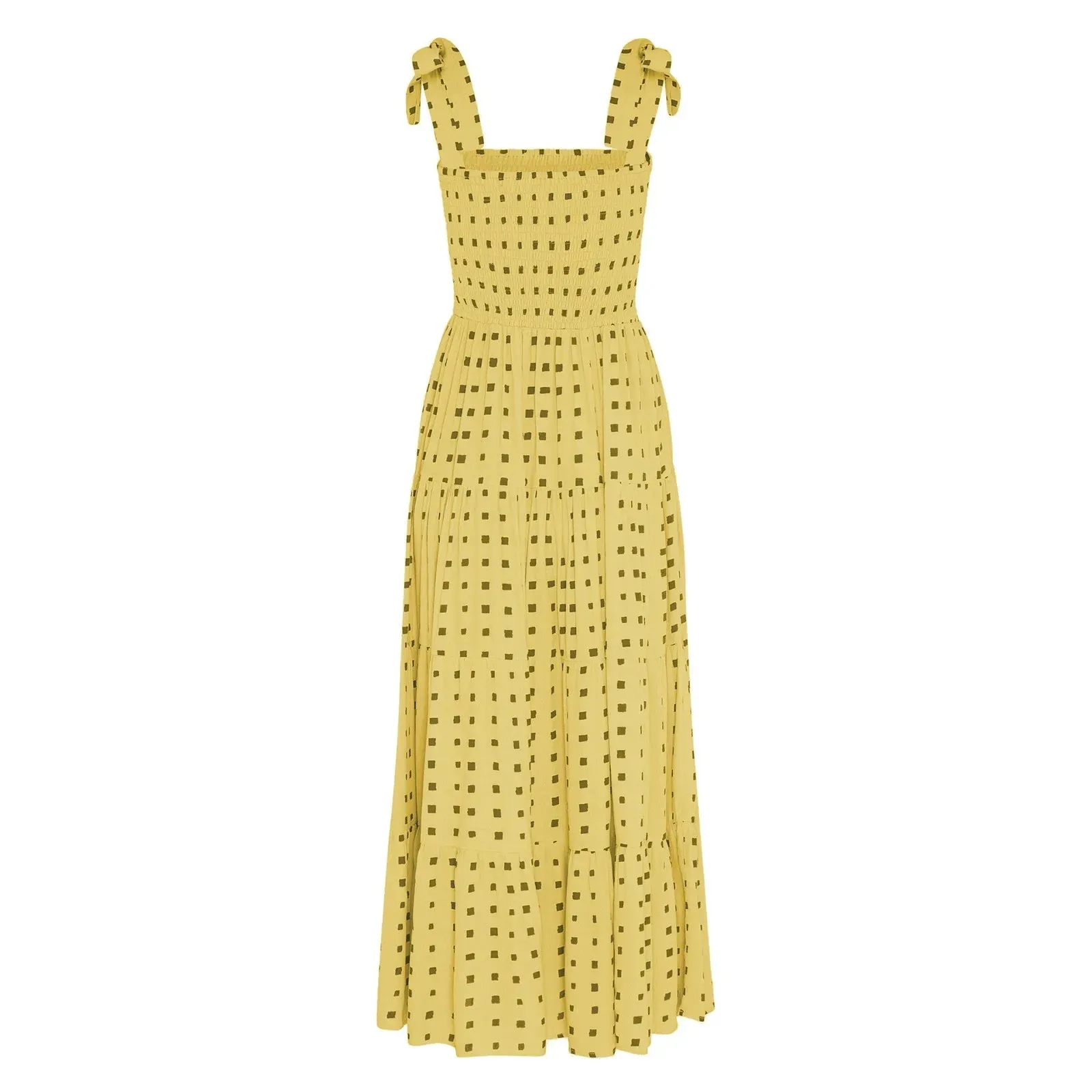 2024 Dot Square Neck Pleated Long Holiday Beach Casual Boho Dress