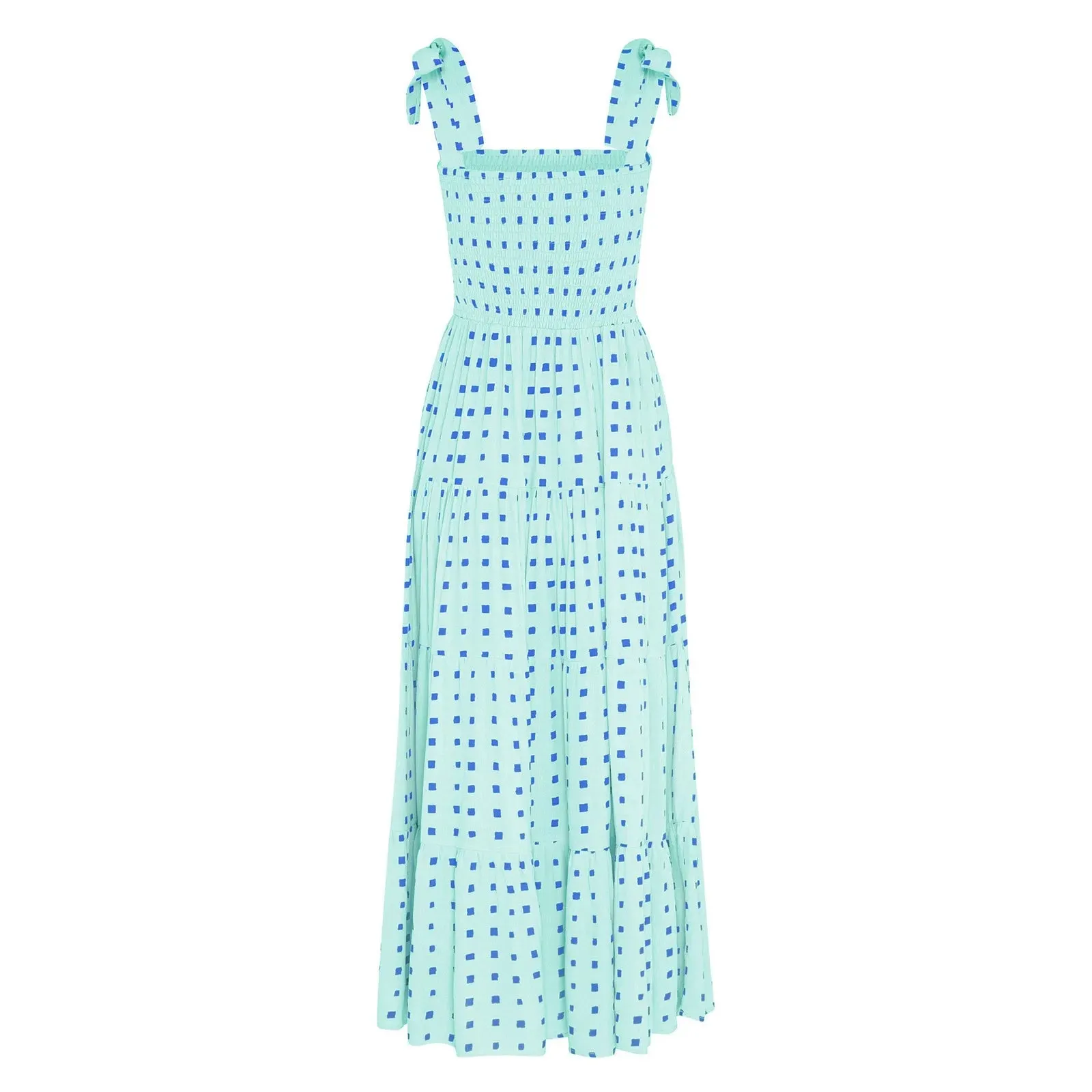 2024 Dot Square Neck Pleated Long Holiday Beach Casual Boho Dress