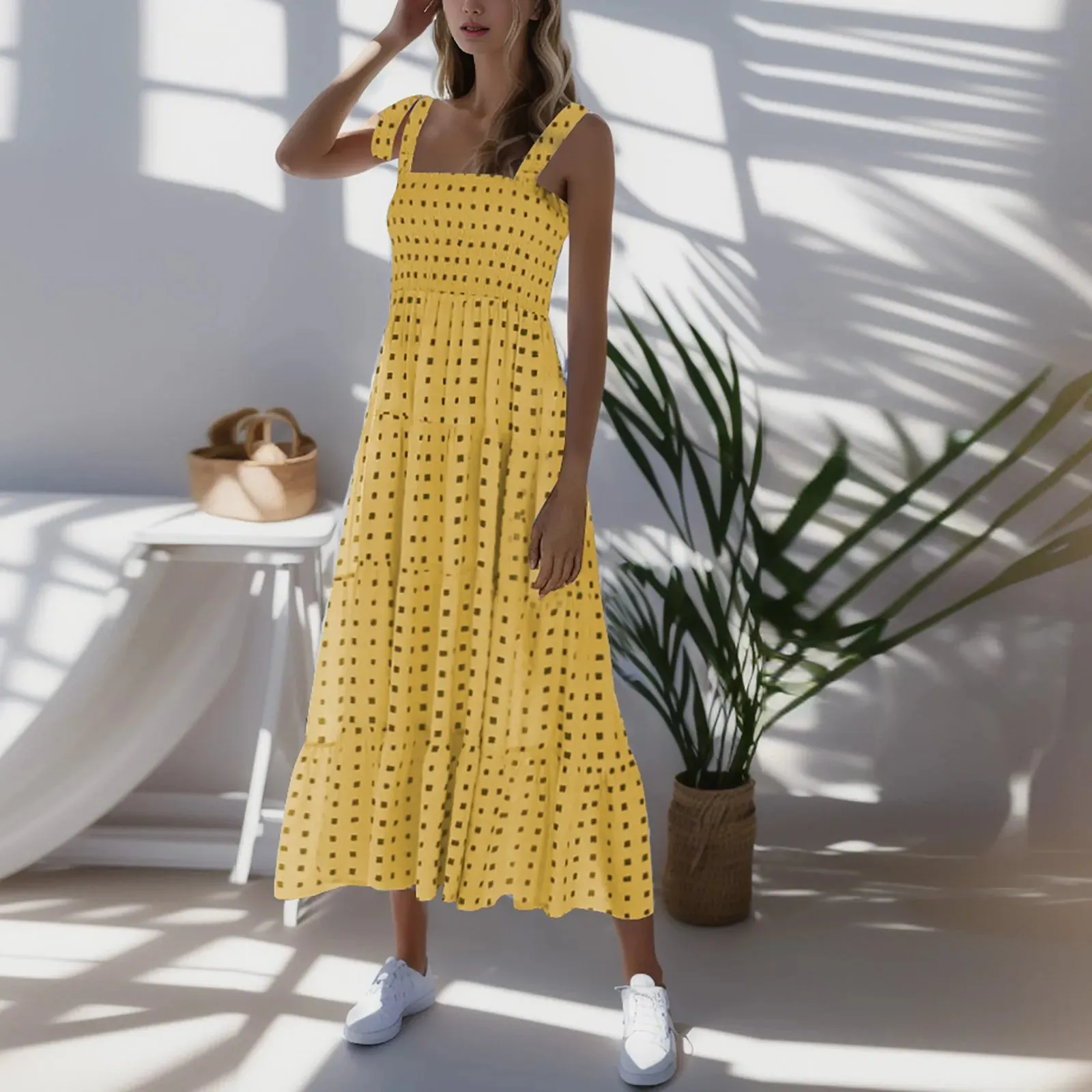 2024 Dot Square Neck Pleated Long Holiday Beach Casual Boho Dress