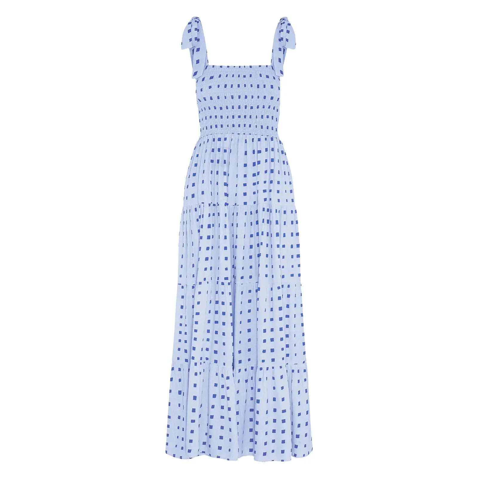2024 Dot Square Neck Pleated Long Holiday Beach Casual Boho Dress