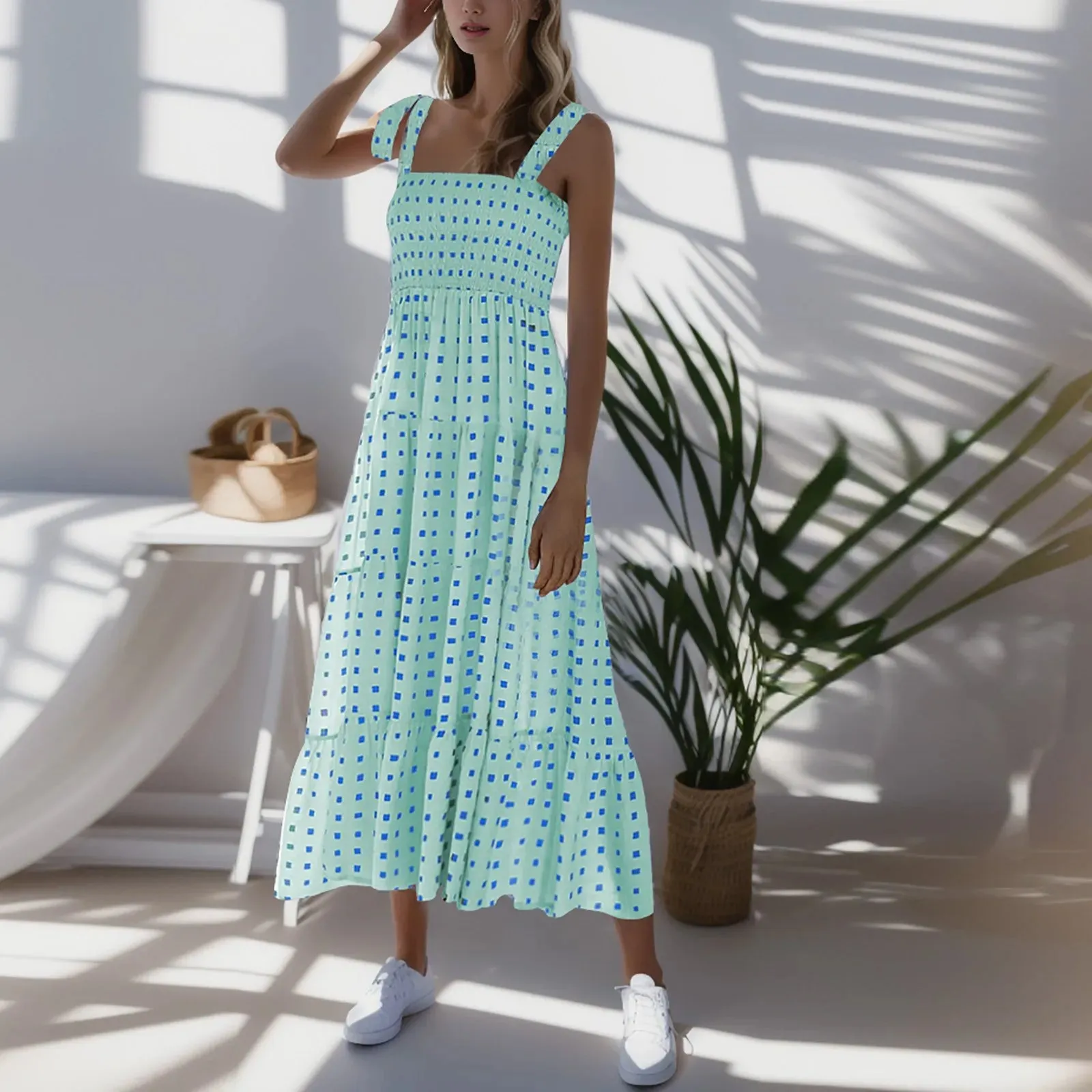 2024 Dot Square Neck Pleated Long Holiday Beach Casual Boho Dress