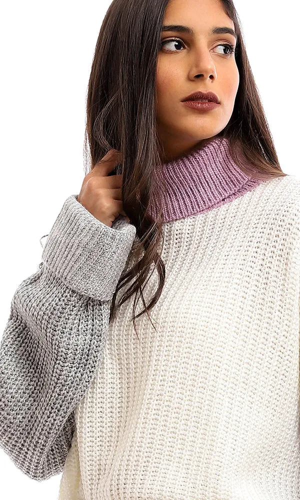 96242 Turtle Neck Knitted High Low Pullover - Off White