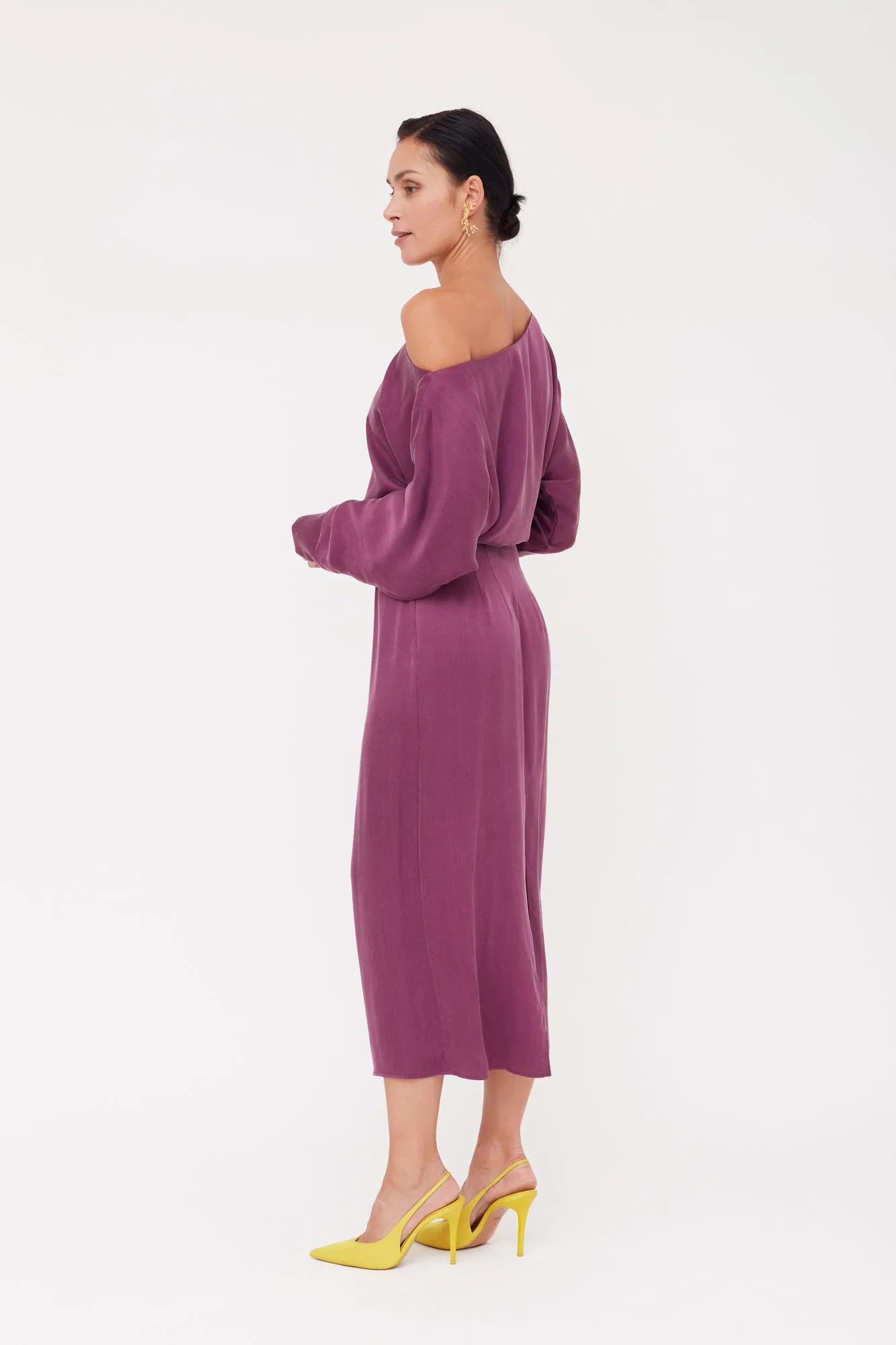 AGALIA purple work to evening off-the-shoulder cupro dress