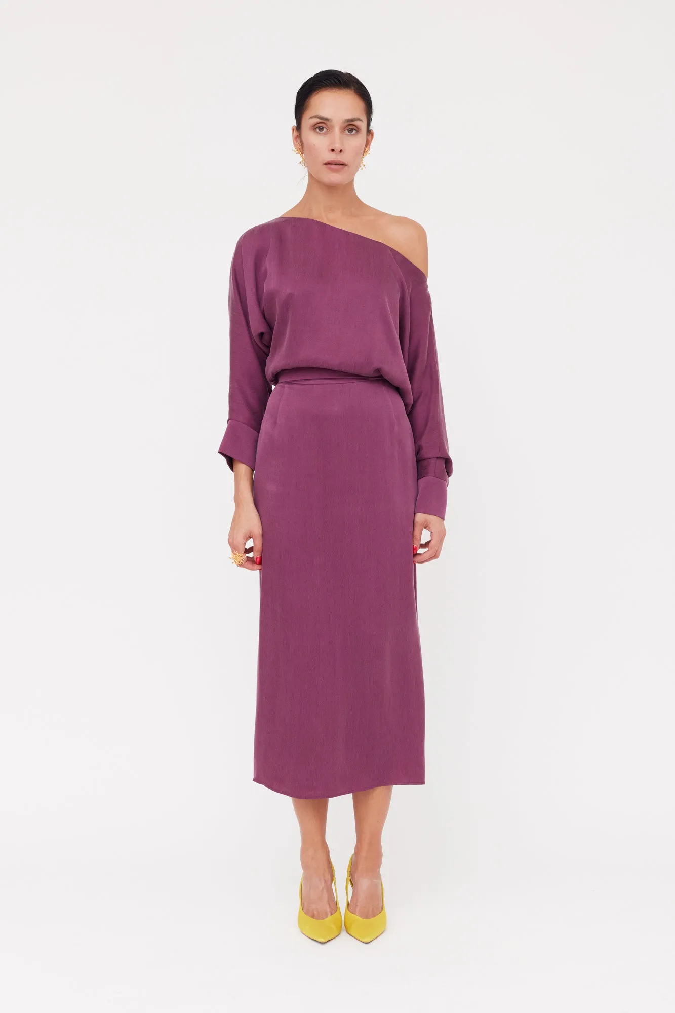 AGALIA purple work to evening off-the-shoulder cupro dress