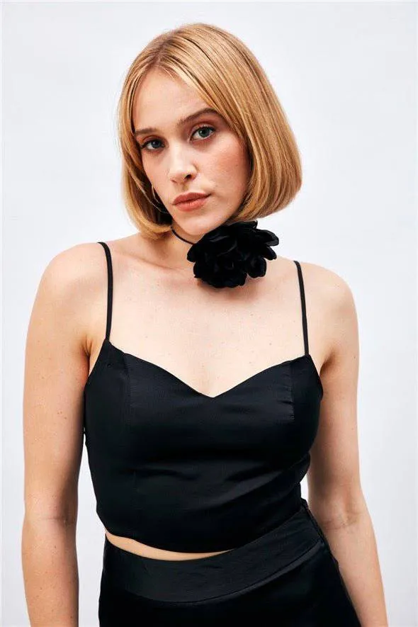 (Basic) Satin Crop Top  with String Straps - Black