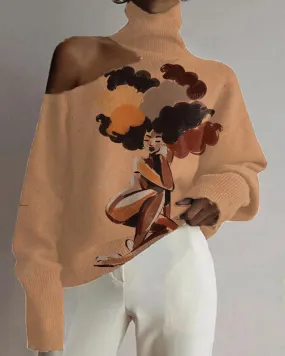 Black Cartoon Strapless Women's Casual Turtleneck Print Top