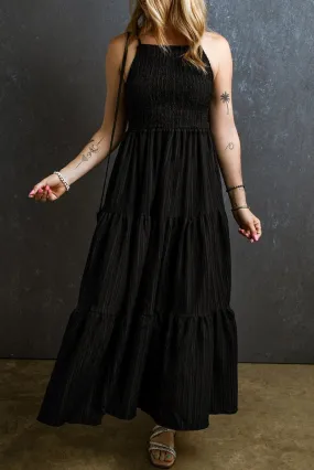 Black Maxi Dress Casual with Tiered Layered and Smocked Bust