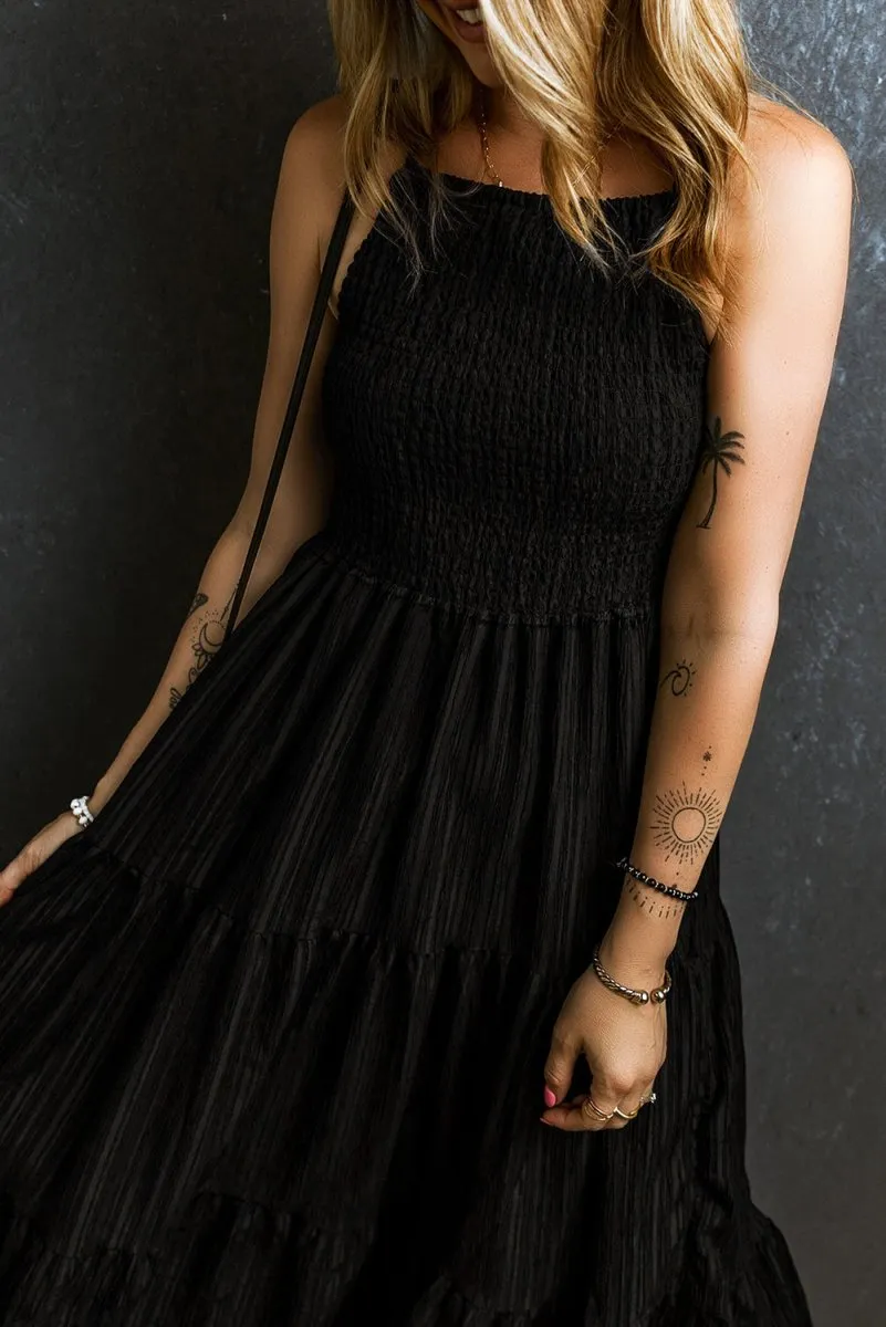 Black Maxi Dress Casual with Tiered Layered and Smocked Bust