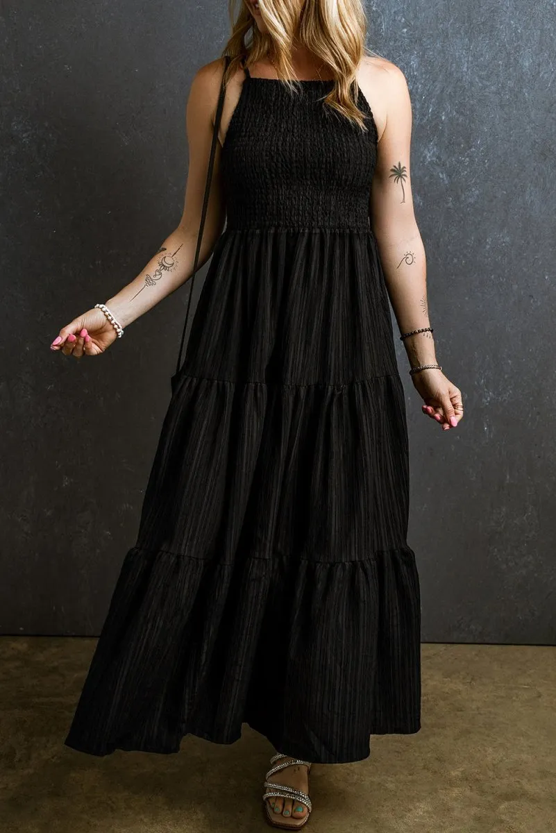 Black Maxi Dress Casual with Tiered Layered and Smocked Bust