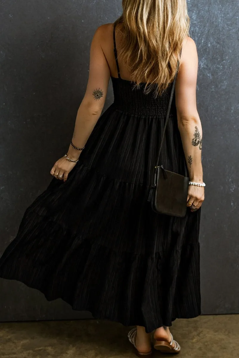 Black Maxi Dress Casual with Tiered Layered and Smocked Bust