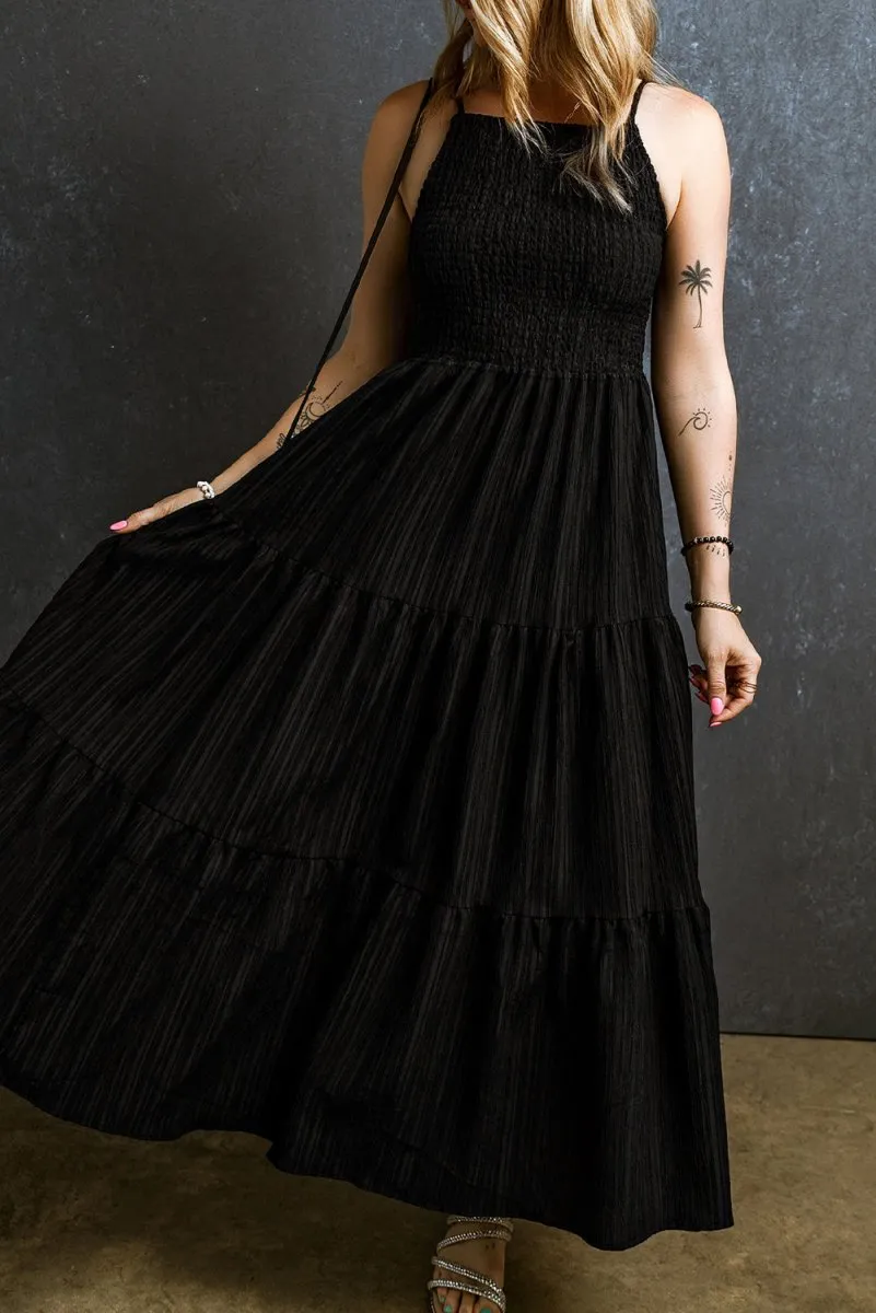 Black Maxi Dress Casual with Tiered Layered and Smocked Bust