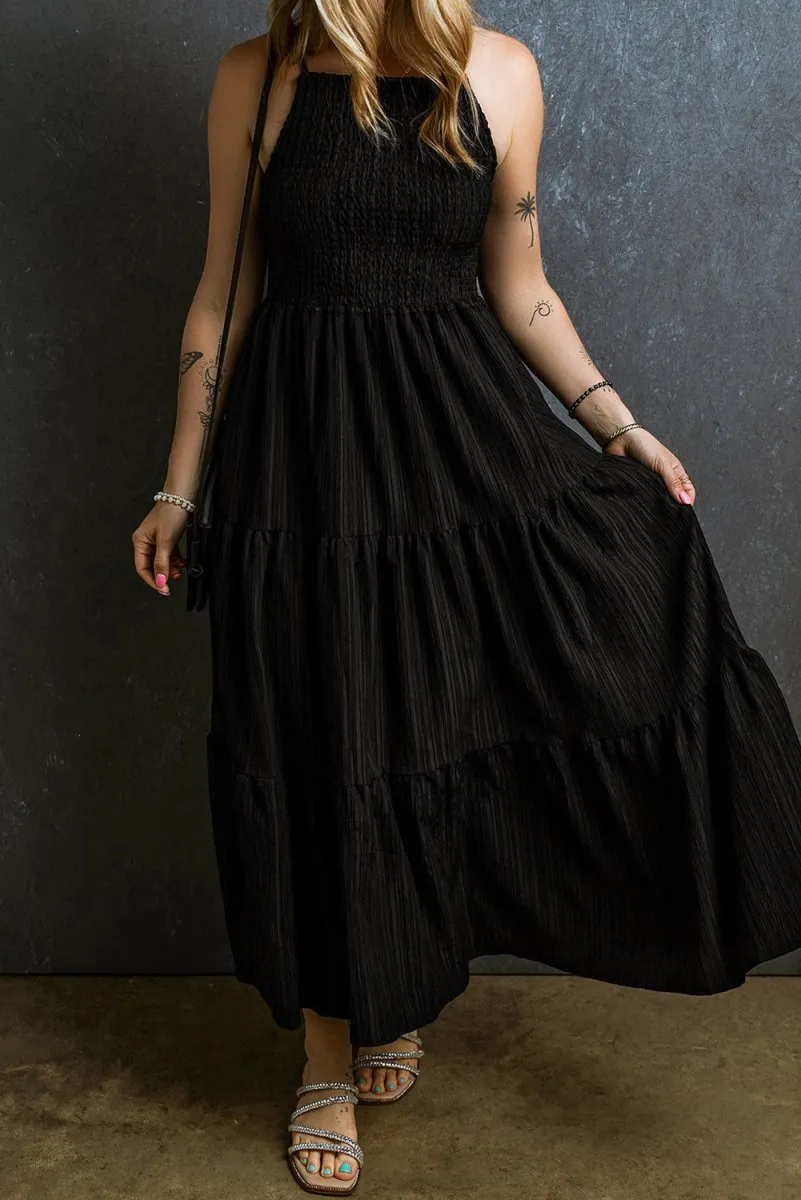 Black Maxi Dress Casual with Tiered Layered and Smocked Bust