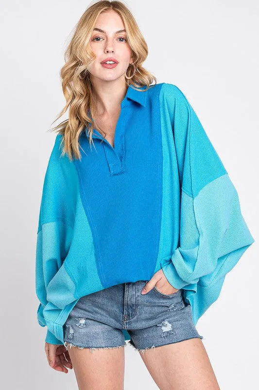 Blue Colorblock Thermal Oversized Top