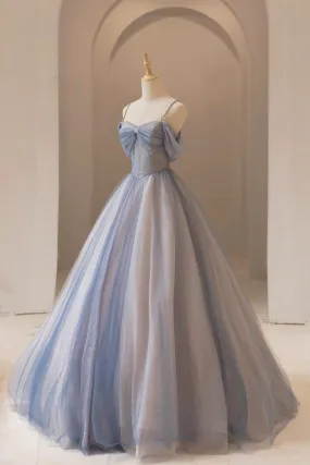 Blue Spaghetti Strap Shiny Tulle Long Prom Dress, Beautiful A-Line Evening Dress