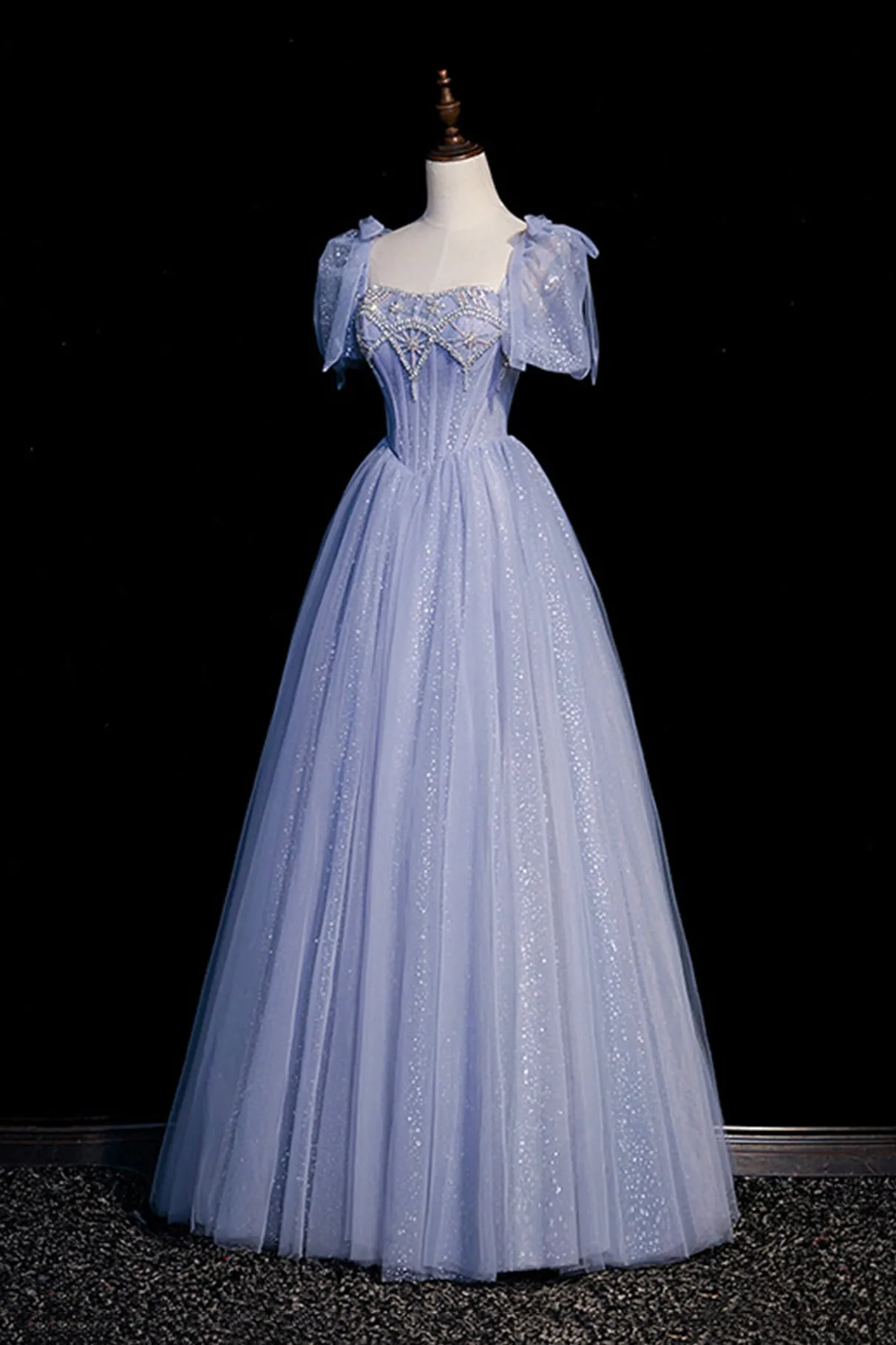 Blue Tulle Beaded Floor Length A-Line Prom Dress