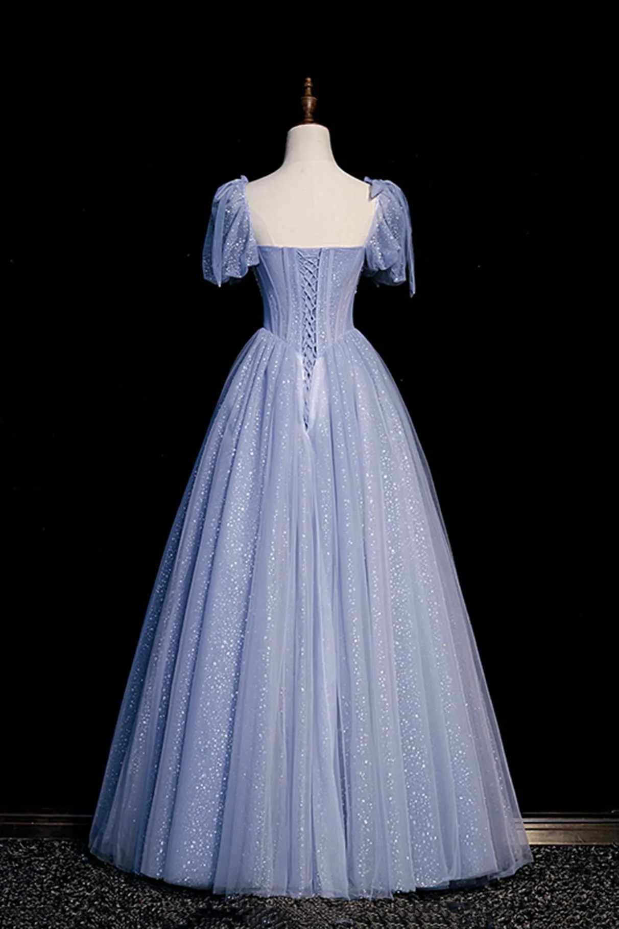 Blue Tulle Beaded Floor Length A-Line Prom Dress
