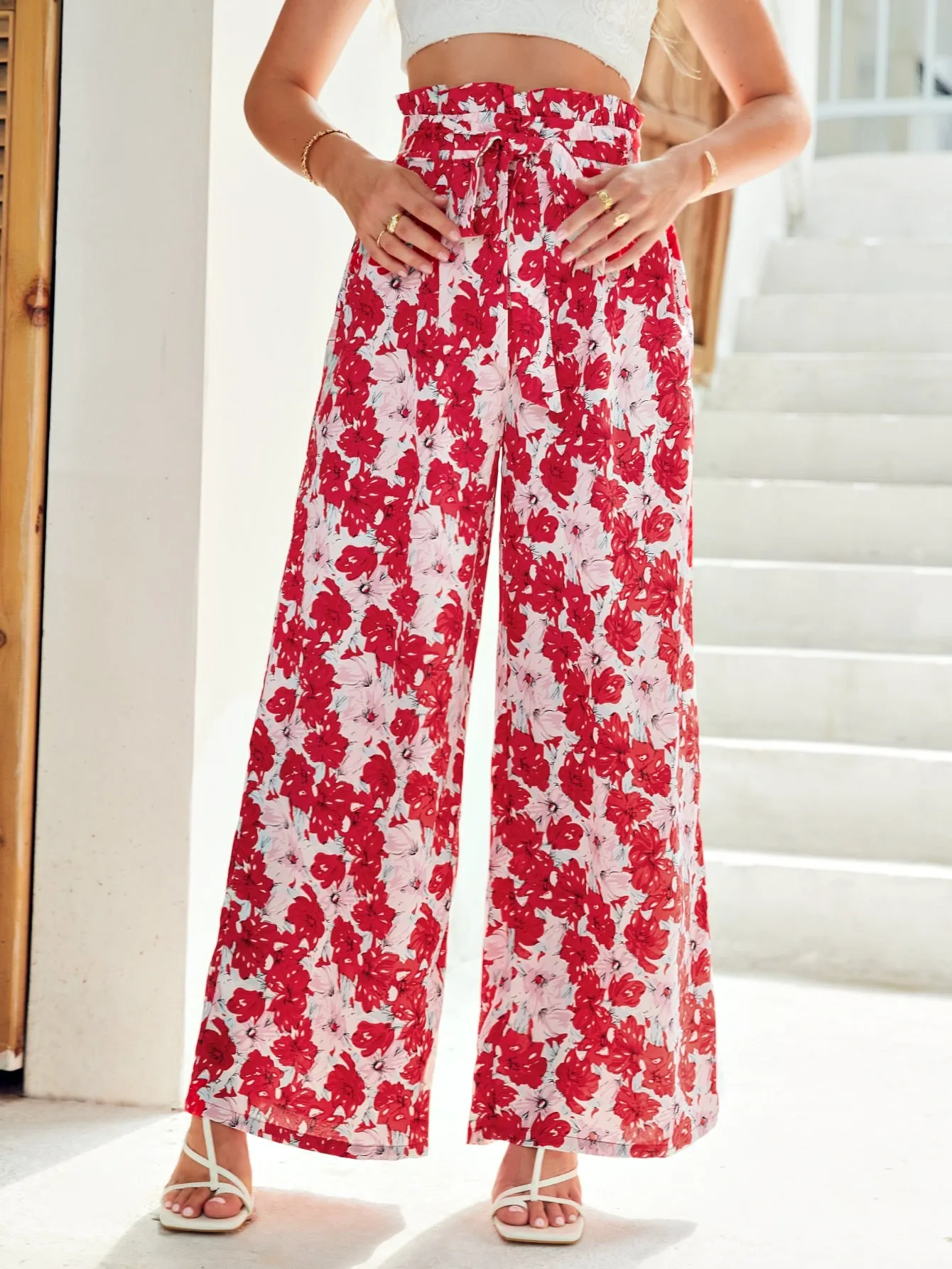 Boho All Over Print Paper Bag Waist High Waist Long Women Pants