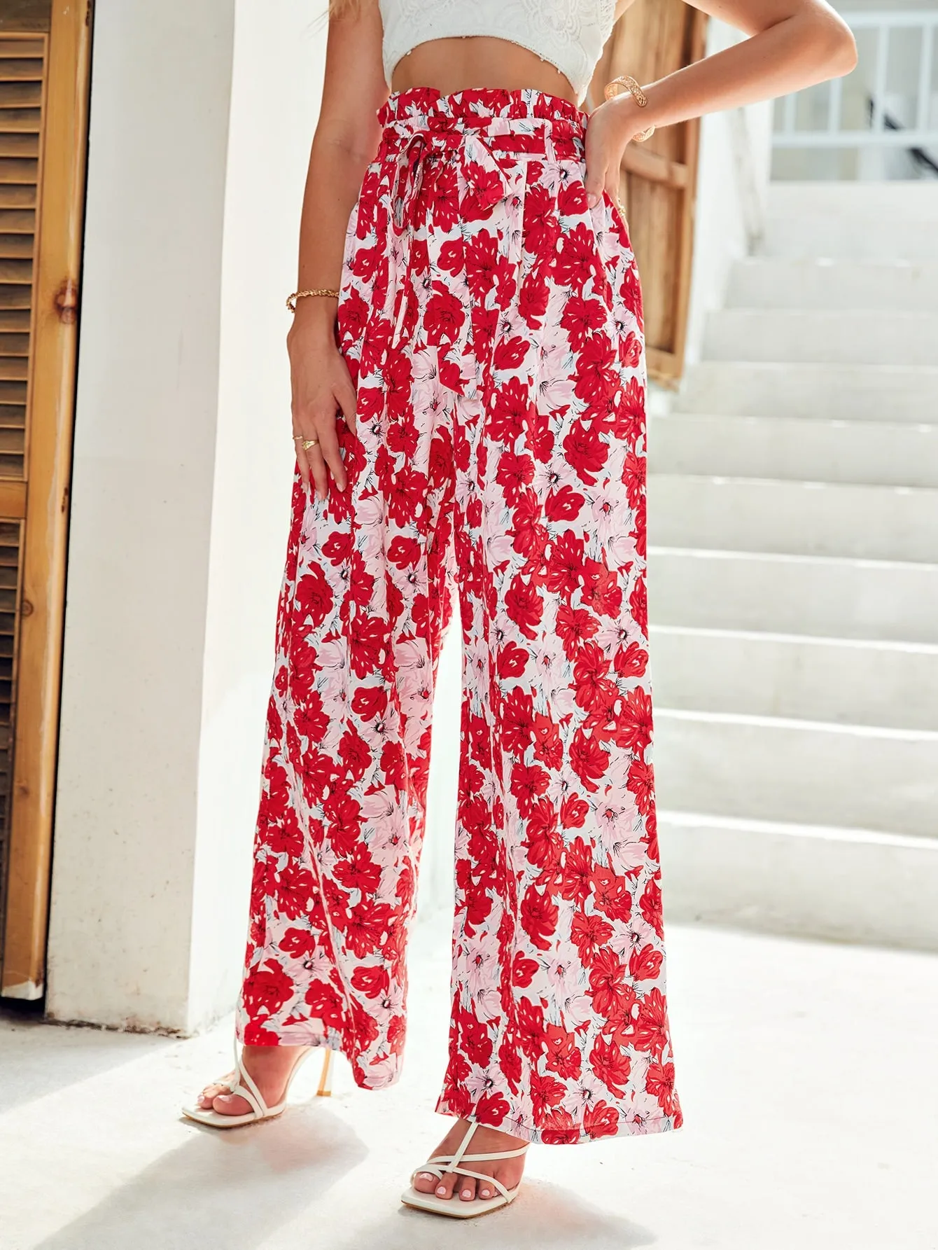 Boho All Over Print Paper Bag Waist High Waist Long Women Pants