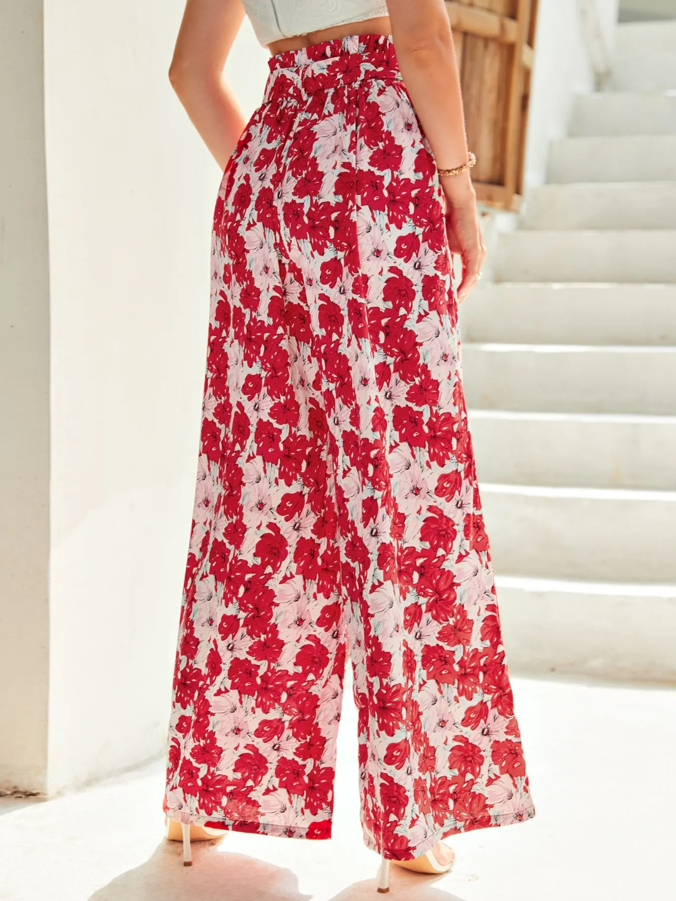Boho All Over Print Paper Bag Waist High Waist Long Women Pants