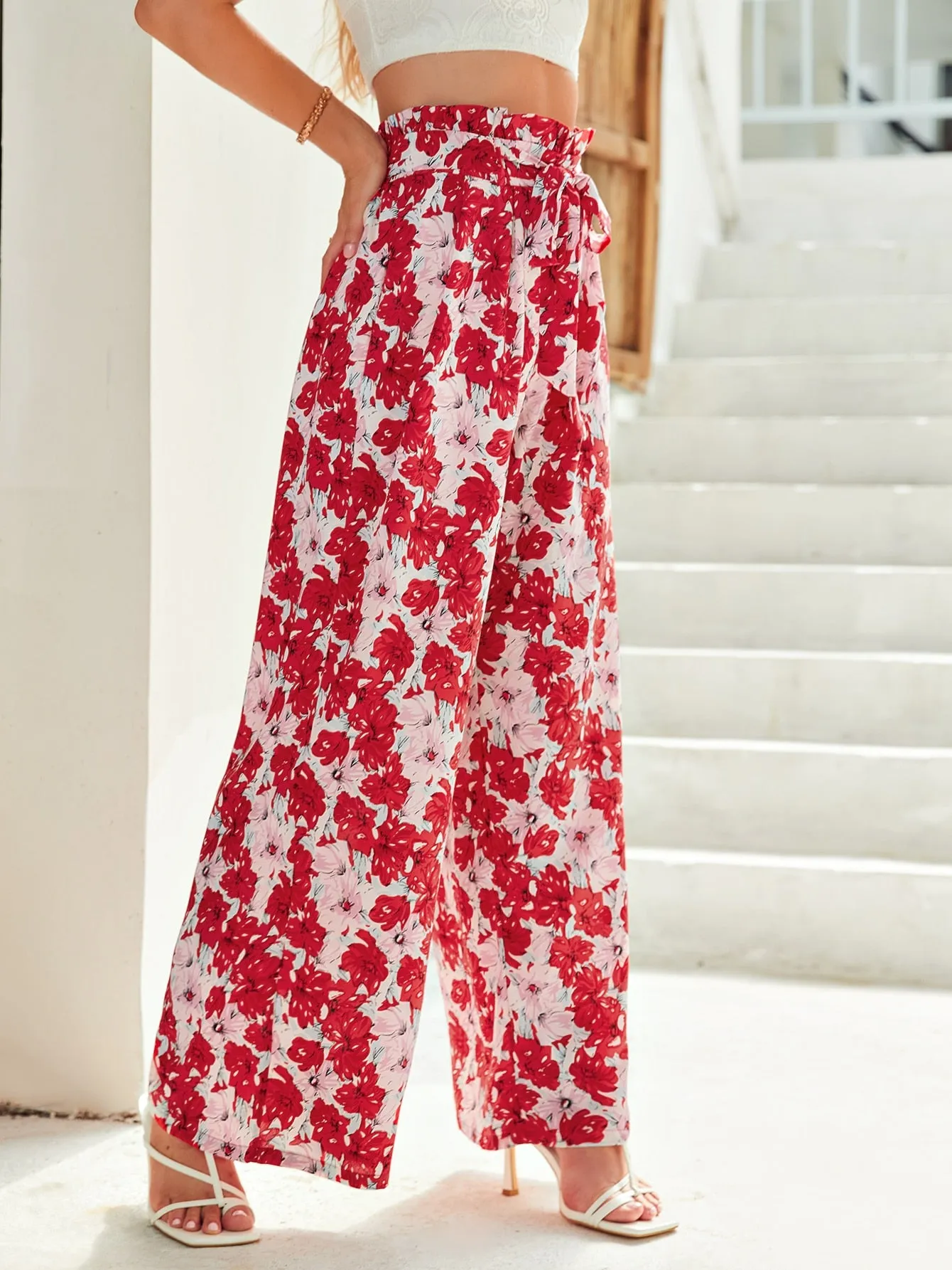 Boho All Over Print Paper Bag Waist High Waist Long Women Pants