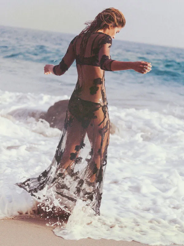 Boho Sheer floral detail swimsuit coverup maxi dress