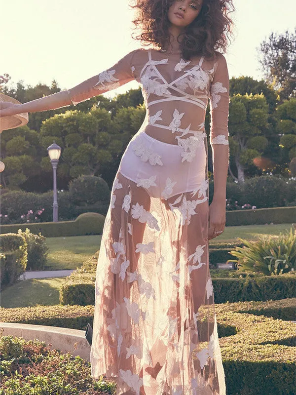 Boho Sheer floral detail swimsuit coverup maxi dress