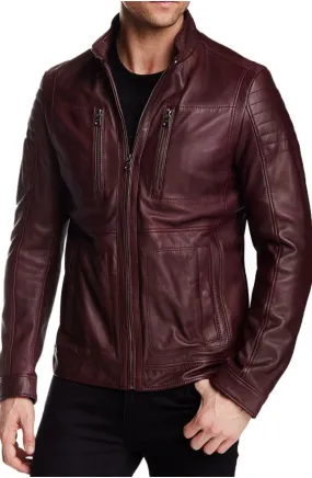 Buma Burgundy Leather Jacket Men Biker Motorcycle Sheepskin
