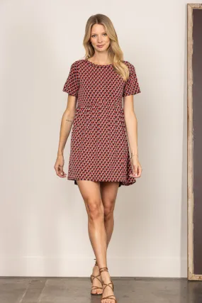 CHEVRON RED ROUND NECK BABYDOLL SHORT SLEEVES MINI DRESS D5105
