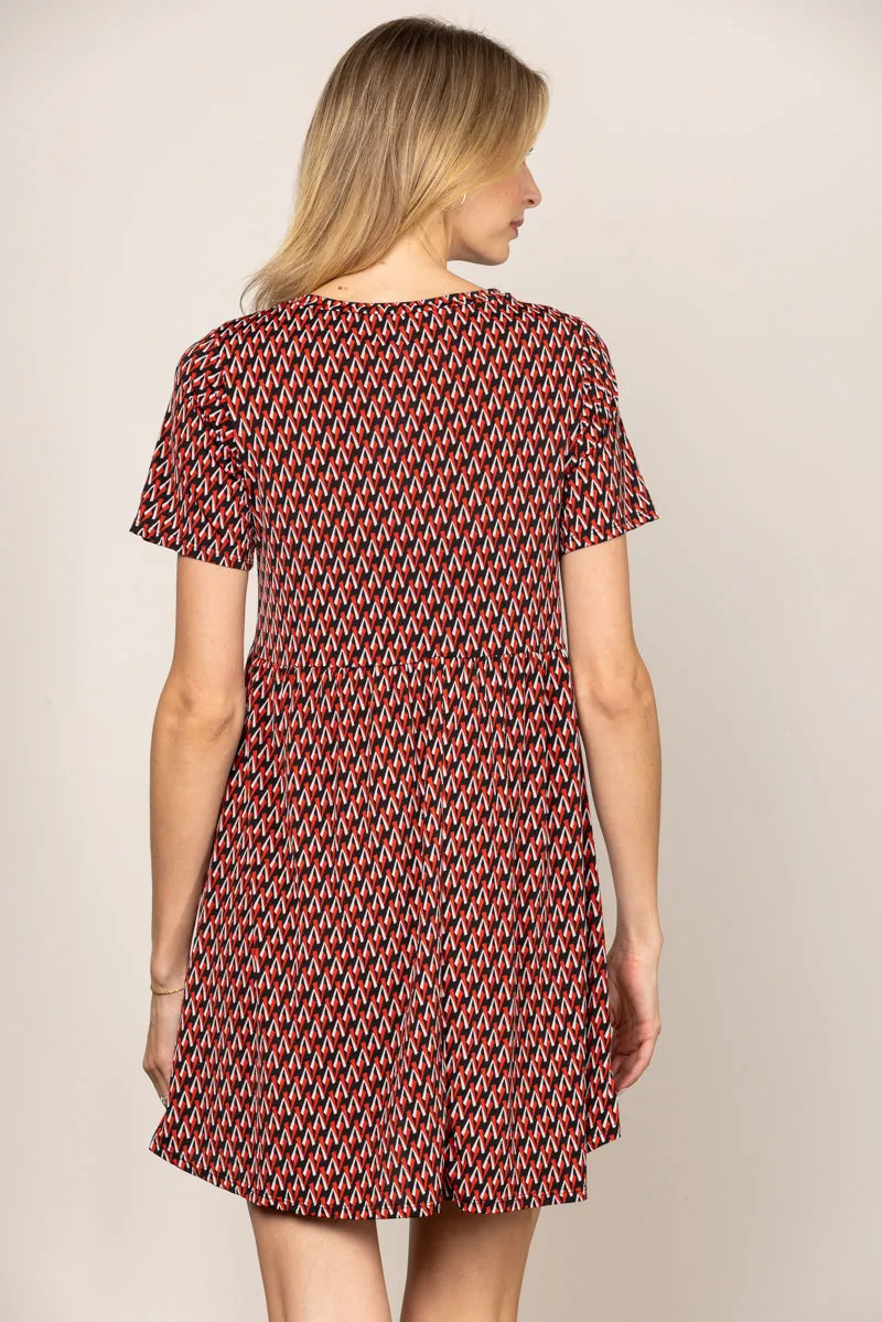 CHEVRON RED ROUND NECK BABYDOLL SHORT SLEEVES MINI DRESS D5105