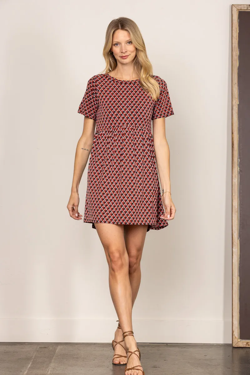 CHEVRON RED ROUND NECK BABYDOLL SHORT SLEEVES MINI DRESS D5105