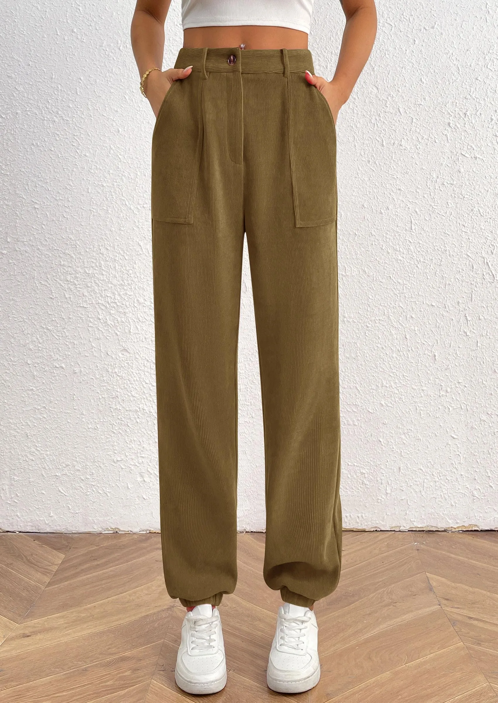 Elastic High Waisted Work Office Corduroy Casual Pants with Pockets