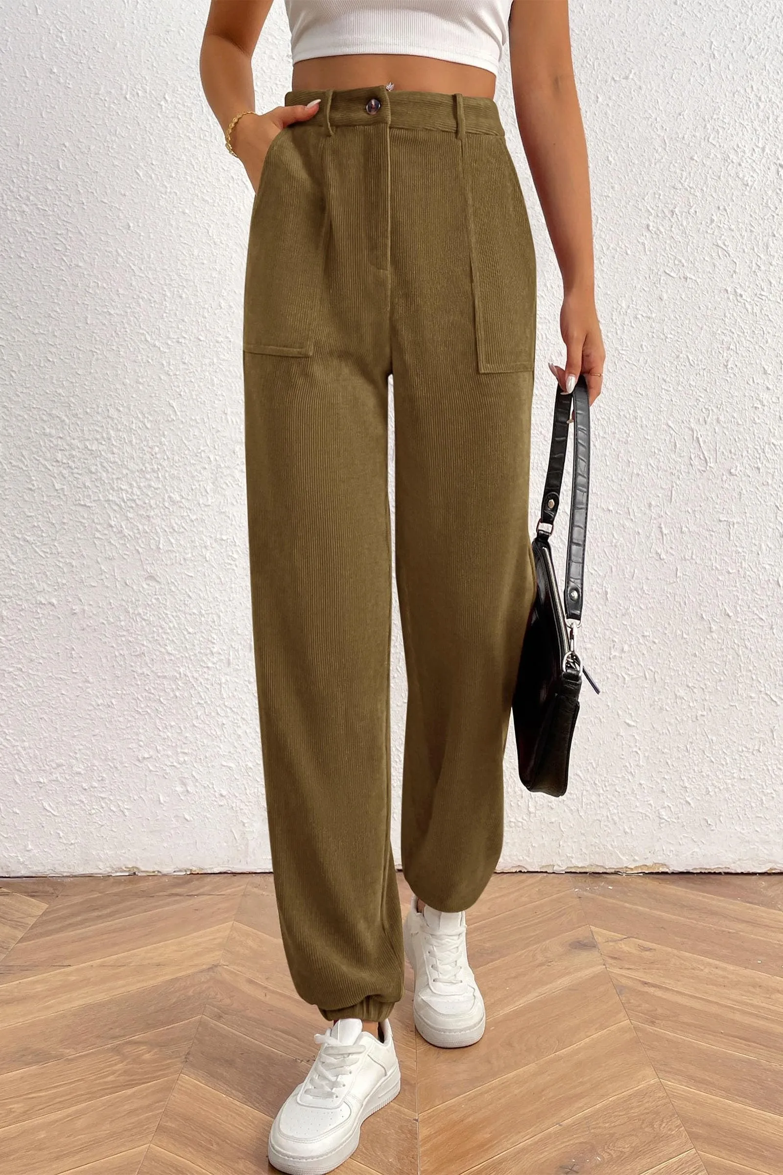 Elastic High Waisted Work Office Corduroy Casual Pants with Pockets