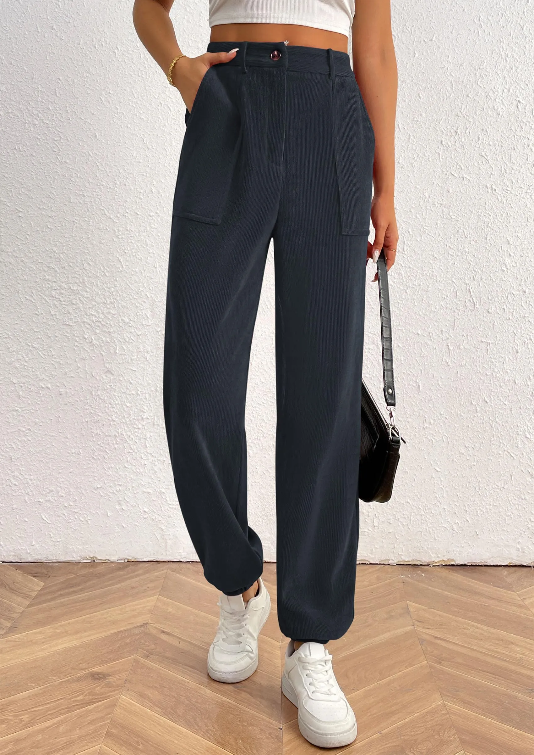 Elastic High Waisted Work Office Corduroy Casual Pants with Pockets