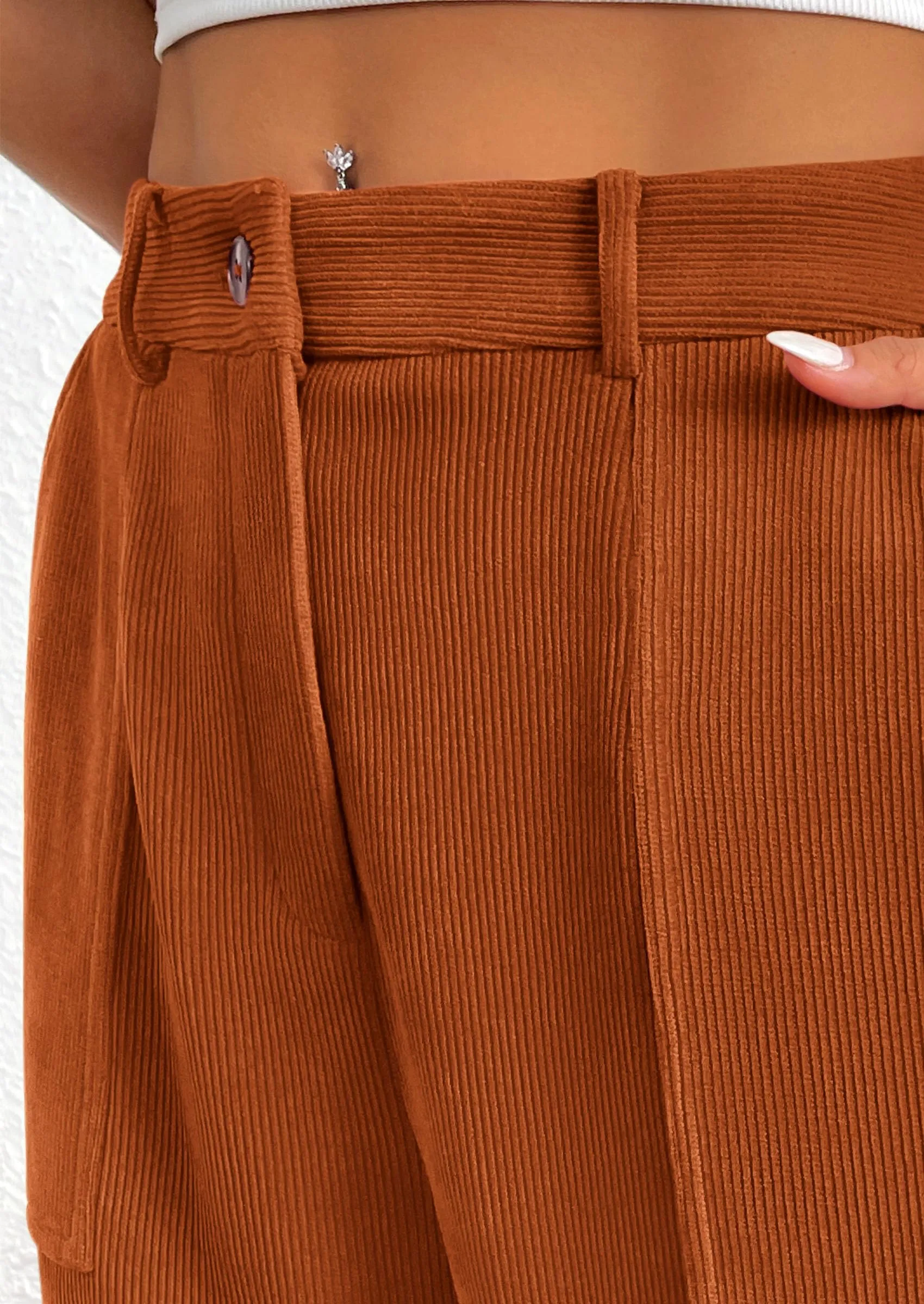 Elastic High Waisted Work Office Corduroy Casual Pants with Pockets