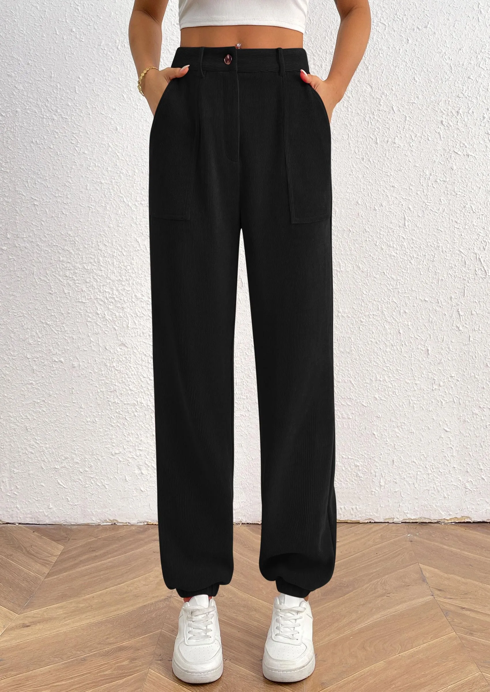 Elastic High Waisted Work Office Corduroy Casual Pants with Pockets