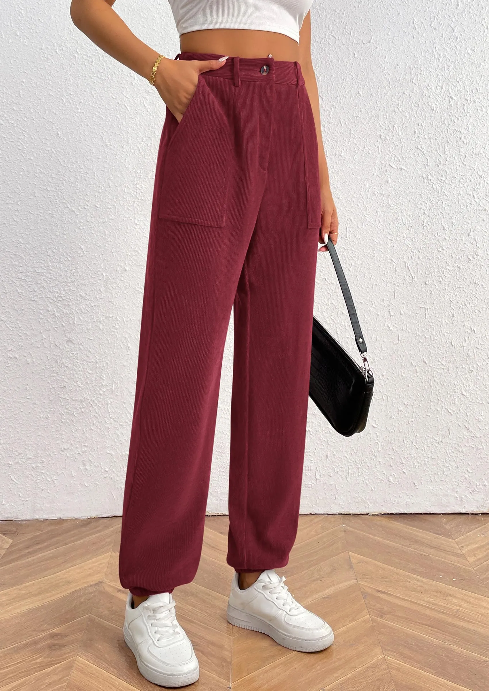 Elastic High Waisted Work Office Corduroy Casual Pants with Pockets