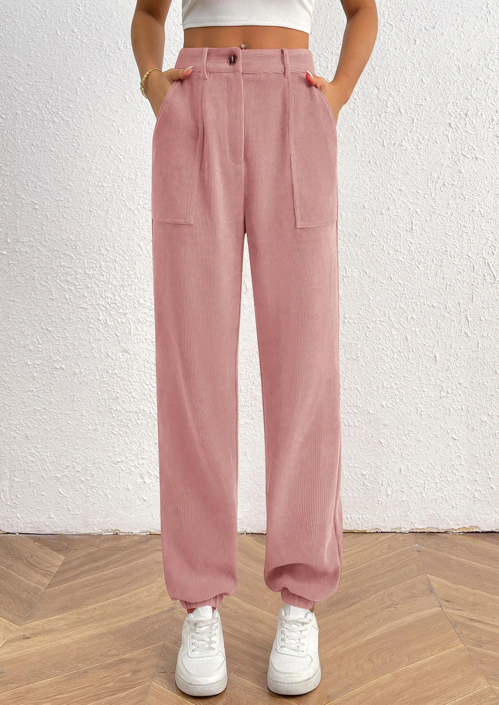 Elastic High Waisted Work Office Corduroy Casual Pants with Pockets