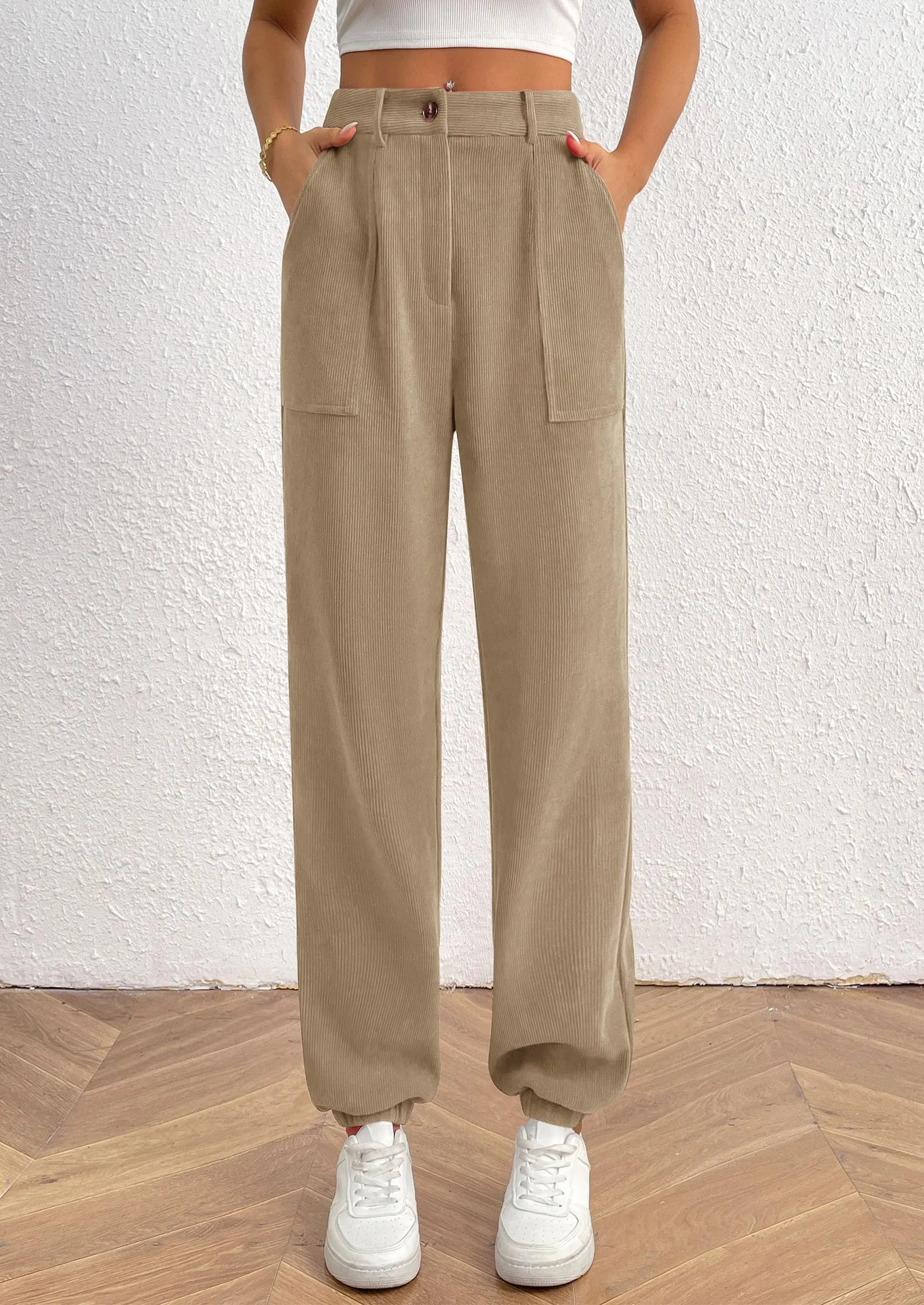 Elastic High Waisted Work Office Corduroy Casual Pants with Pockets