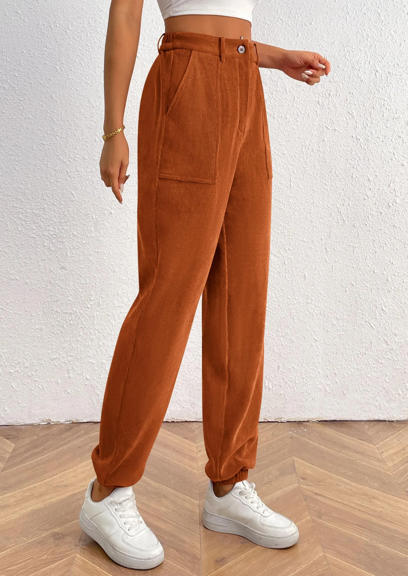 Elastic High Waisted Work Office Corduroy Casual Pants with Pockets