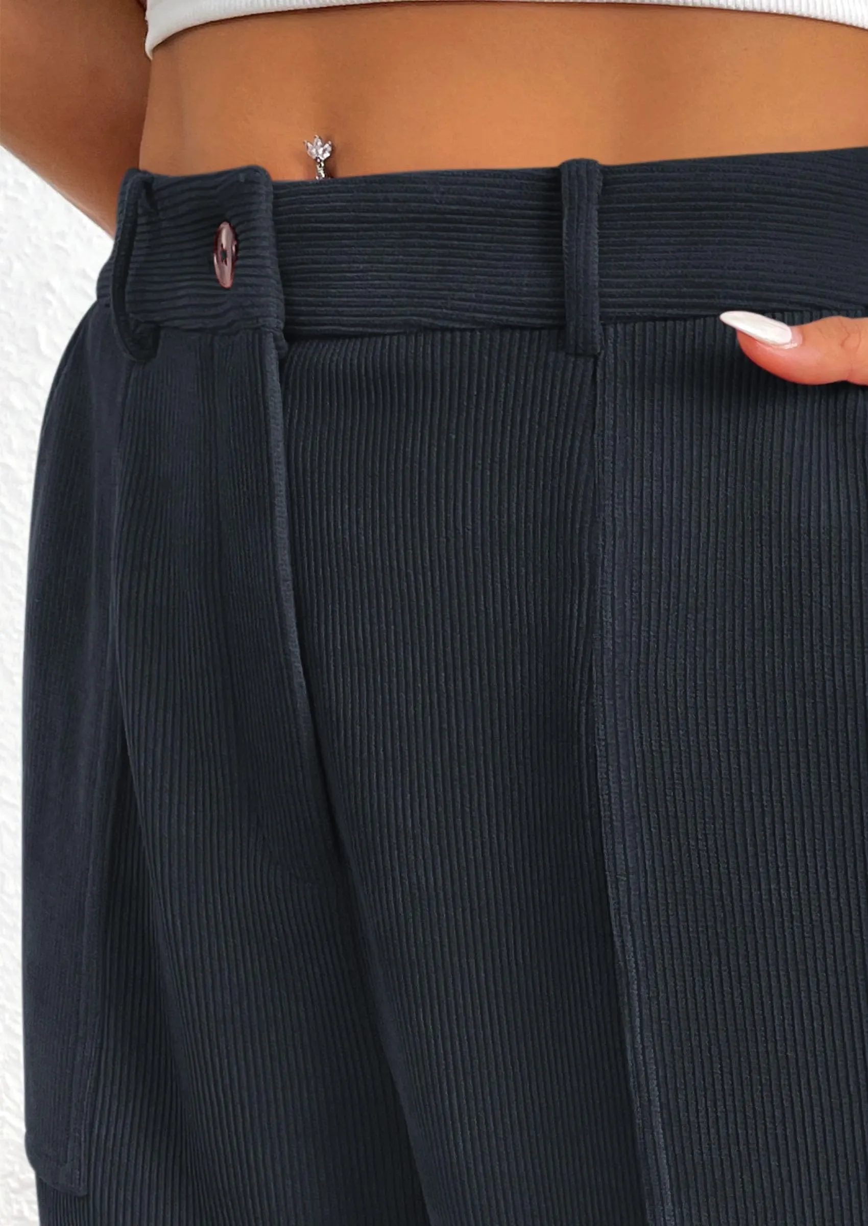 Elastic High Waisted Work Office Corduroy Casual Pants with Pockets