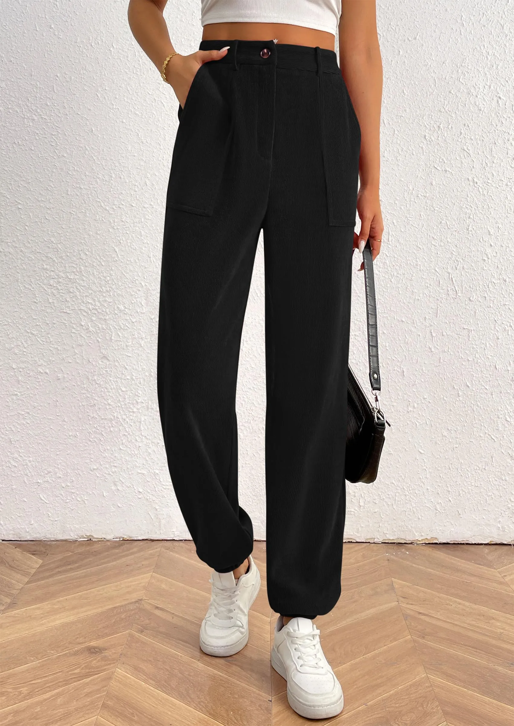 Elastic High Waisted Work Office Corduroy Casual Pants with Pockets