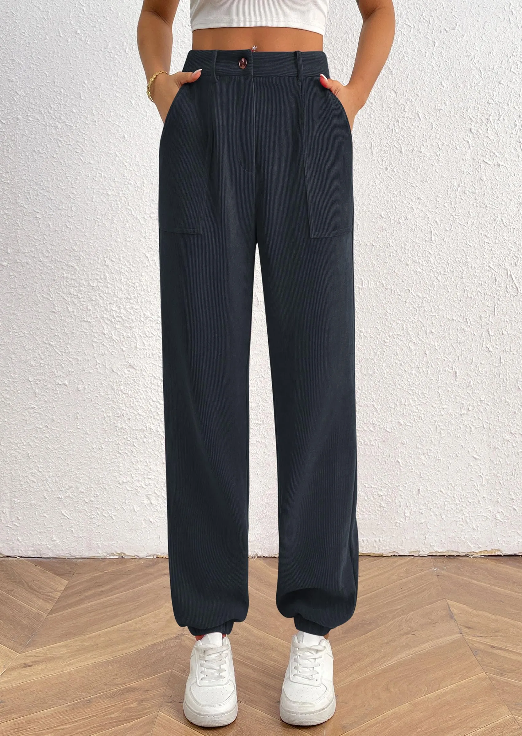 Elastic High Waisted Work Office Corduroy Casual Pants with Pockets