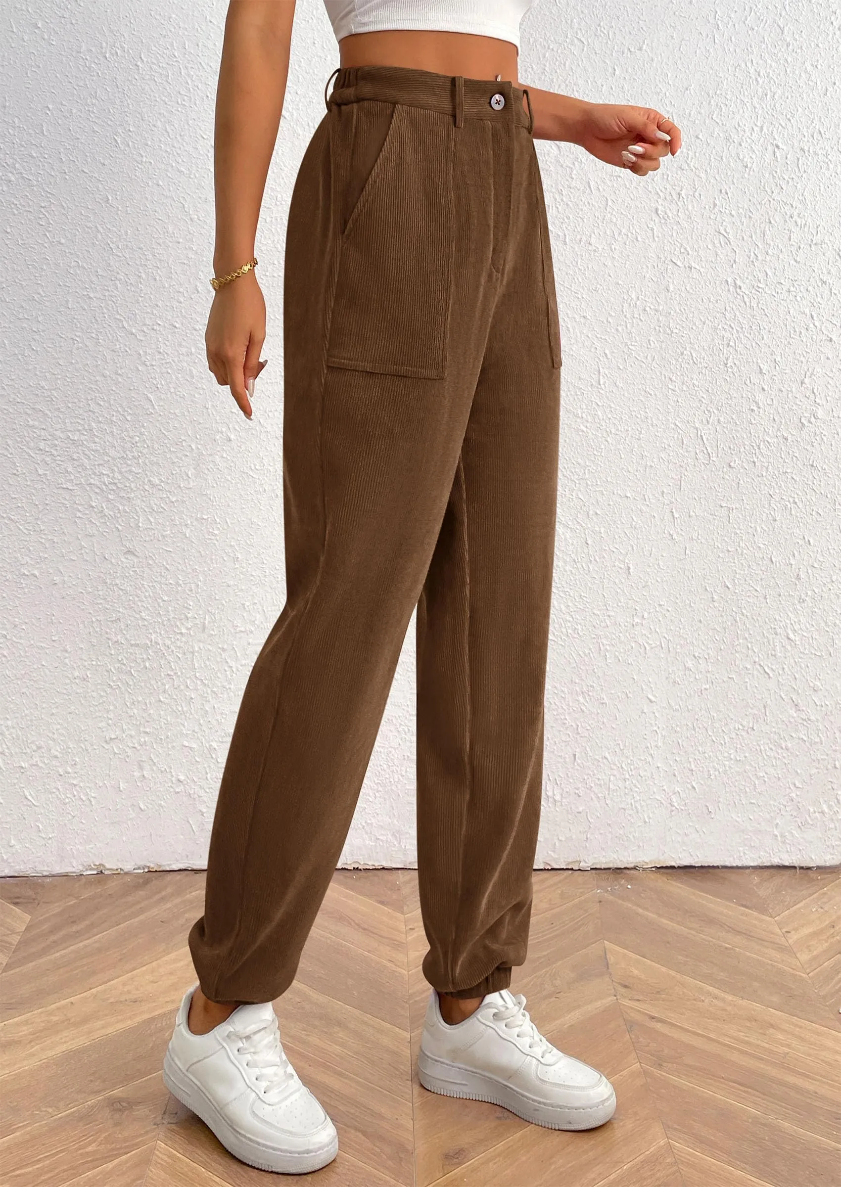Elastic High Waisted Work Office Corduroy Casual Pants with Pockets