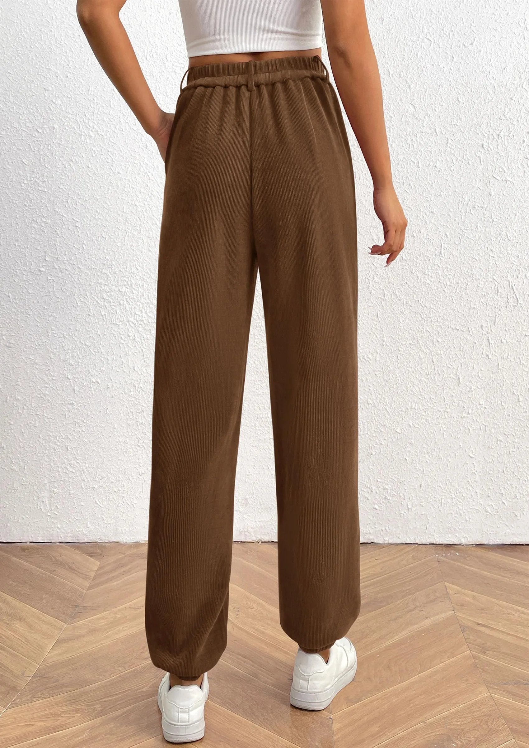 Elastic High Waisted Work Office Corduroy Casual Pants with Pockets