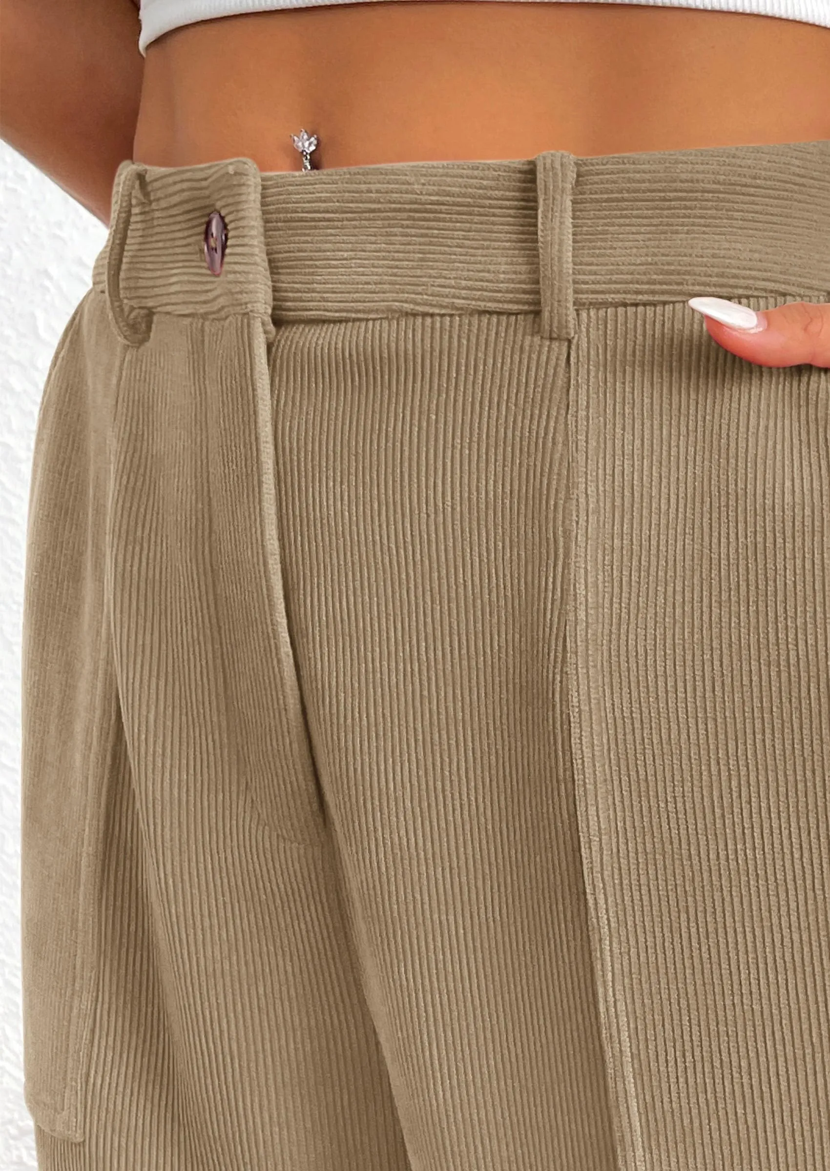 Elastic High Waisted Work Office Corduroy Casual Pants with Pockets