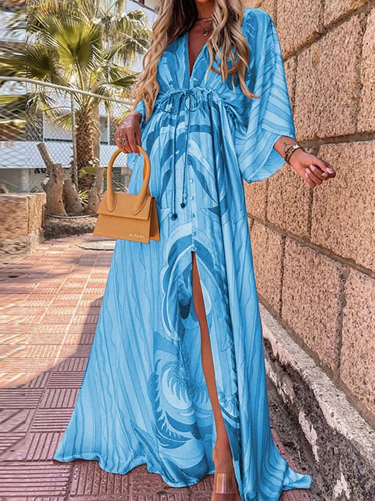 Elegant Artsy Print Oversized Holiday Beachy Maxi V-Neck Dress