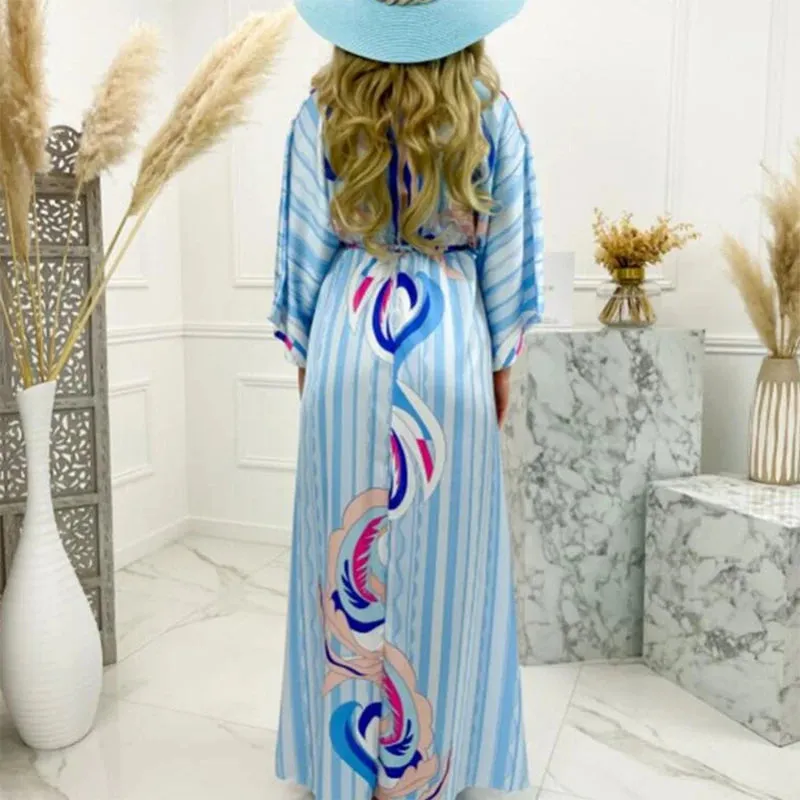Elegant Artsy Print Oversized Holiday Beachy Maxi V-Neck Dress